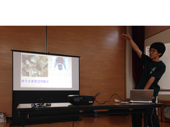 プロジェクターにはオリイオオコウモリが映し出され、腕を上にあげ説明をしている大学生の写真