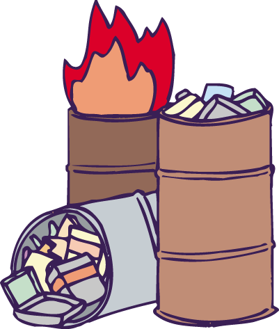ドラム缶の中に炎が大きく出ていて、別のドラム缶には紙類のごみが入っているイラスト