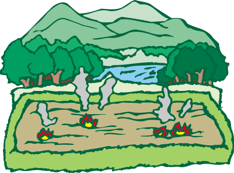 山の前に大きな広場がありその広場で複数個所で野焼きをしているイラスト