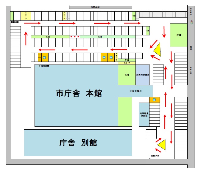 市役所来客駐車場の車両進行方向を示すイラスト