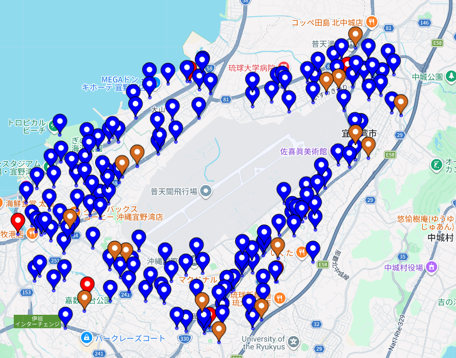 宜野湾市に設置されている子機センサーマップ