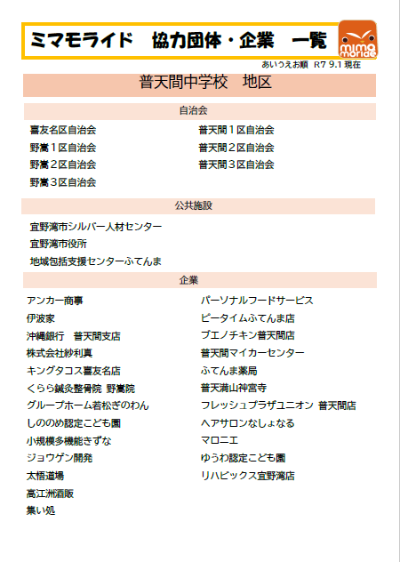 ミマモライド協力団体一覧。普天間中学校地区。