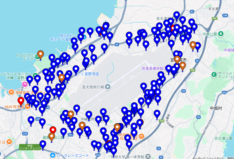 宜野湾市内に親機6か所、子機191台設置されている様子が描かれている地図