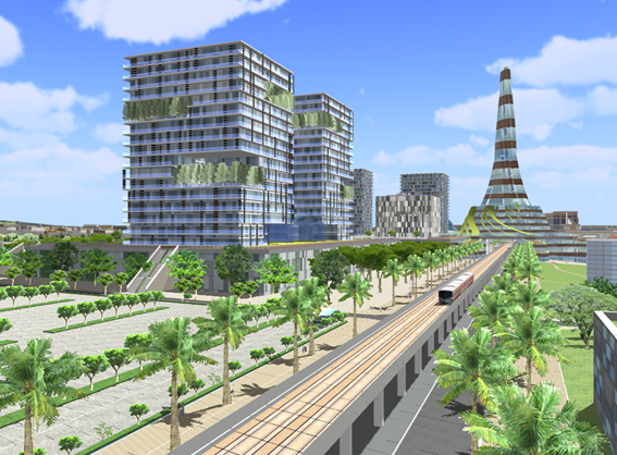 タワーマンションのような建物とヤシの木のような樹木が道路脇に植えられているイラスト