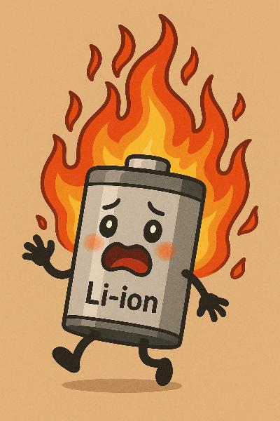 リチウムイオン電池から火が出ているキャラクターの画像