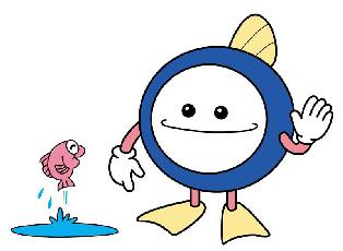 水たまりから出てきた小さな赤い魚に手をあげている魚のイラスト