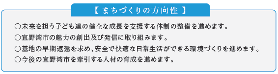 まちづくりの方向性 未来を担う子ども達の健全な成長を支援する体制の整備を進めます。宜野湾市の魅力の創出及び発信に取り組みます。基地の早期返還を求め、安全で快適な日常生活ができる環境づくりを進めます。今後の宜野湾市を牽引する人材の育成を進めます。