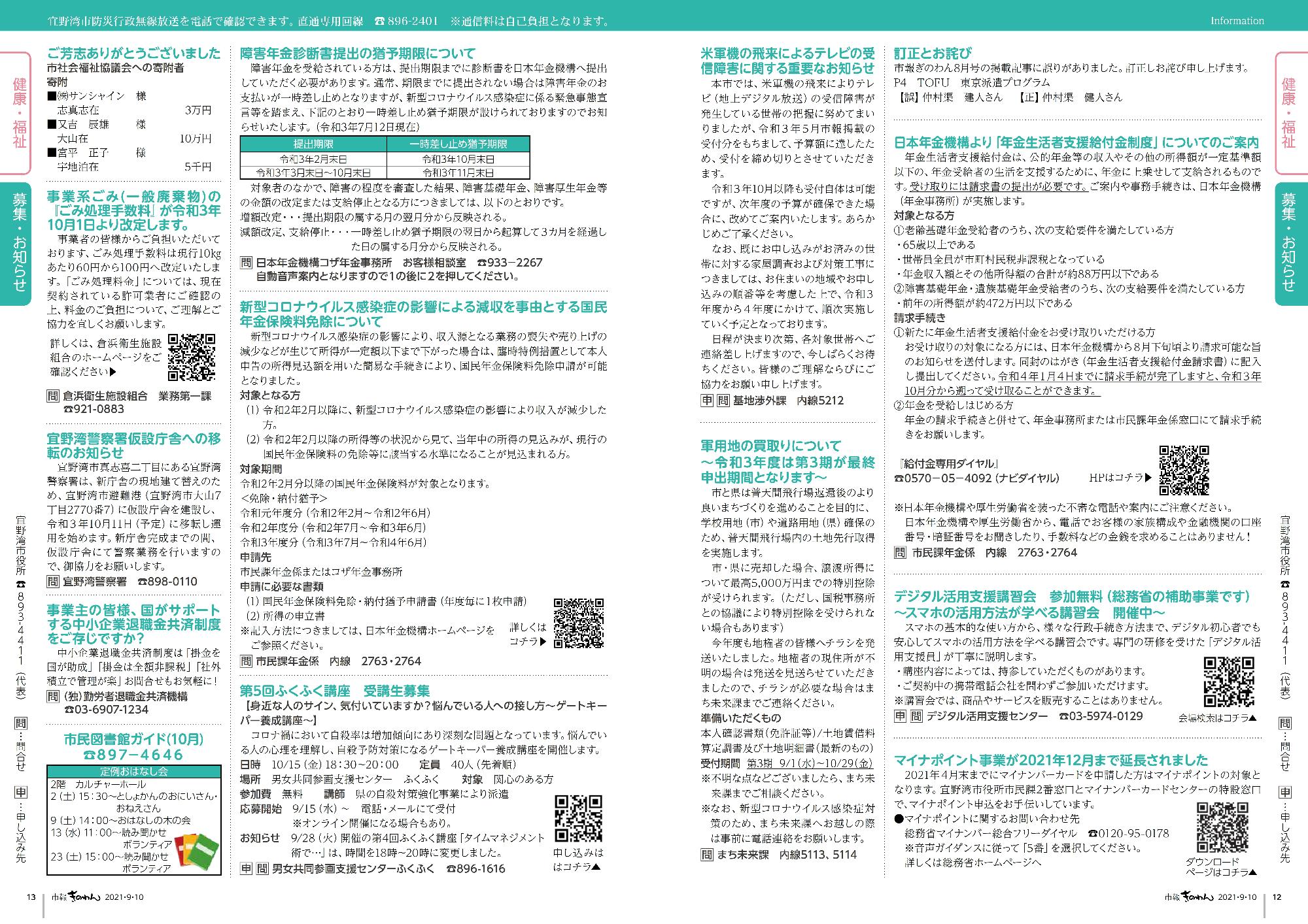 市報ぎのわん9月号　12ページ目、13ページ目　情報掲示板