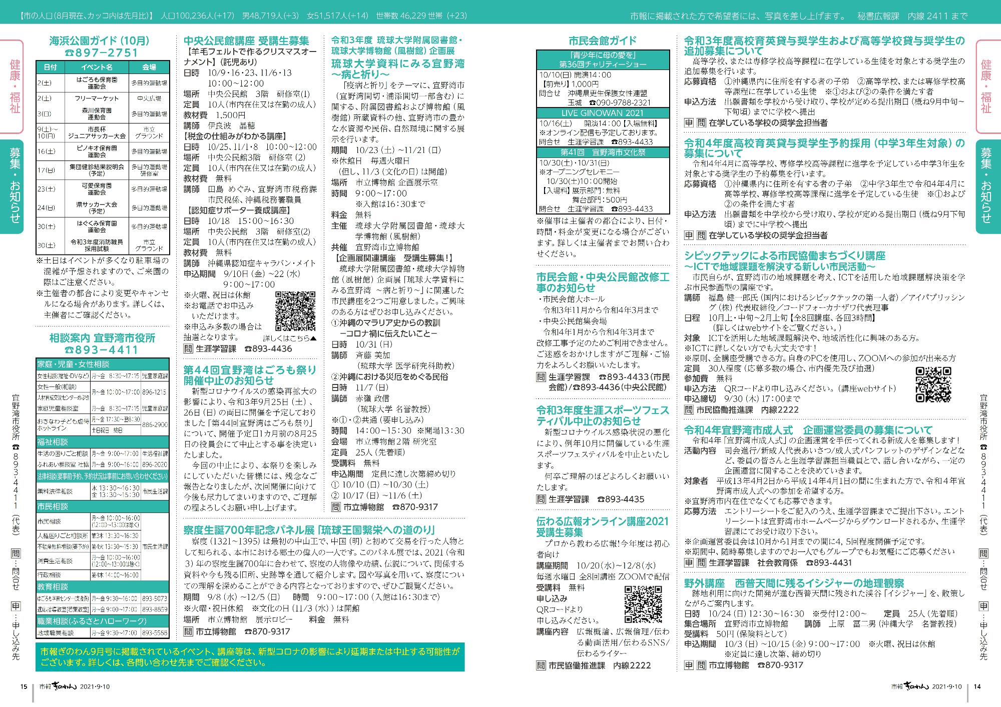 市報ぎのわん9月号　14ページ目、15ページ目　情報掲示板