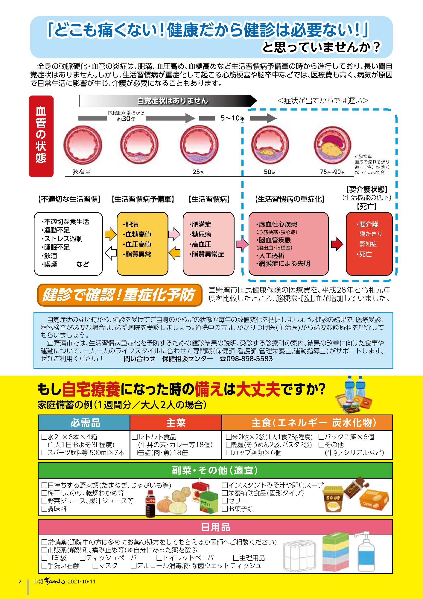 健康増進課よりお知らせ　・どこも痛くない！健康だから健診は必要ない！と思っていませんか？・もし自宅療養になった時の備えは大丈夫ですか？