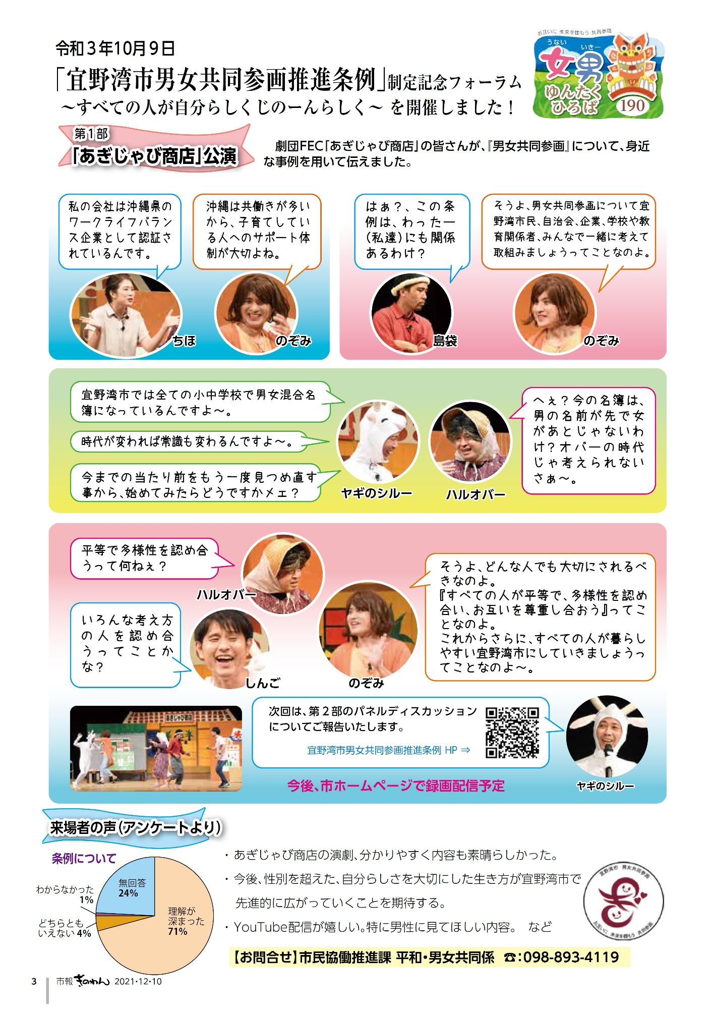 市報ぎのわん12月号　3ページ目　女男ゆんたくひろば　宜野湾市男女共同参画推進制定　記念フォーラムの様子