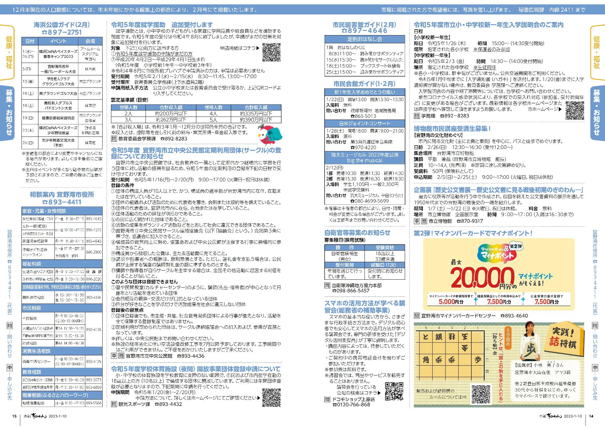 14～15ページ目　宜野湾市の各種講座の募集や、税金等に関するお知らせです