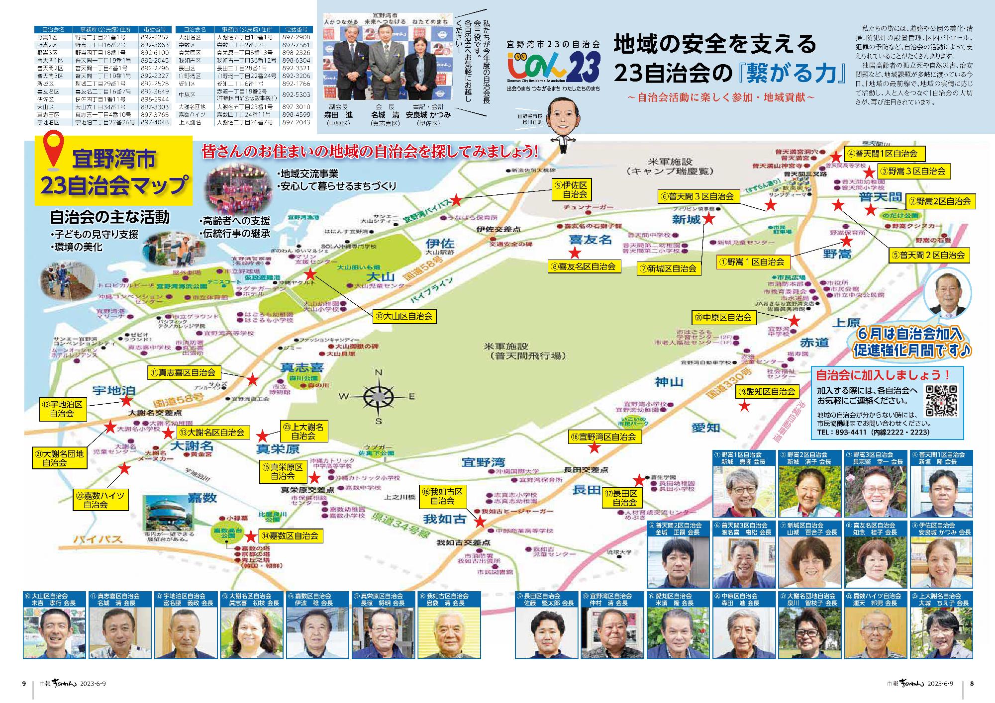 市報ぎのわん6月号　8～9ページ　宜野湾市自治会マップ　じのん23