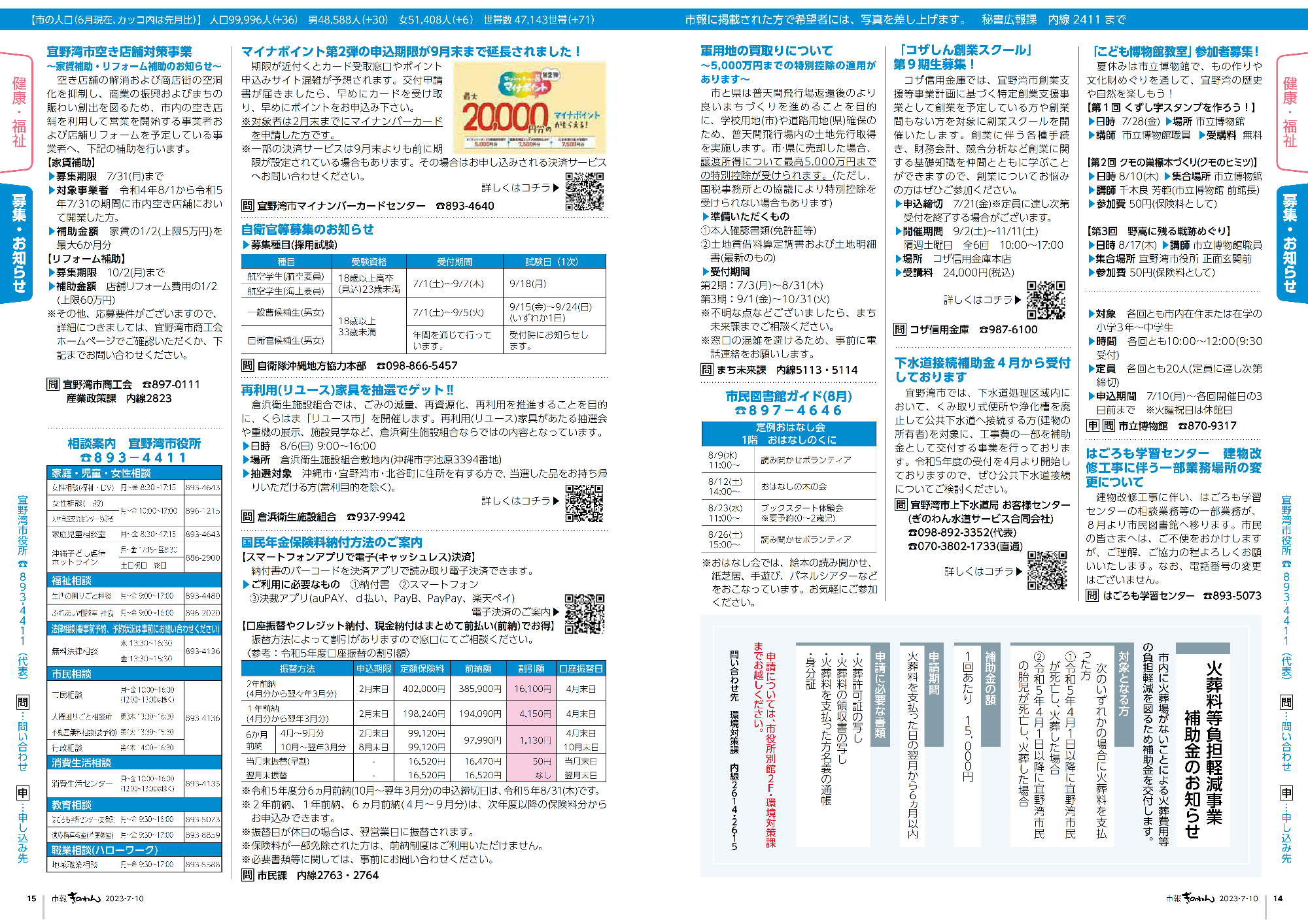 市報ぎのわん7月号　14～15ページ　健康福祉だより　情報掲示板