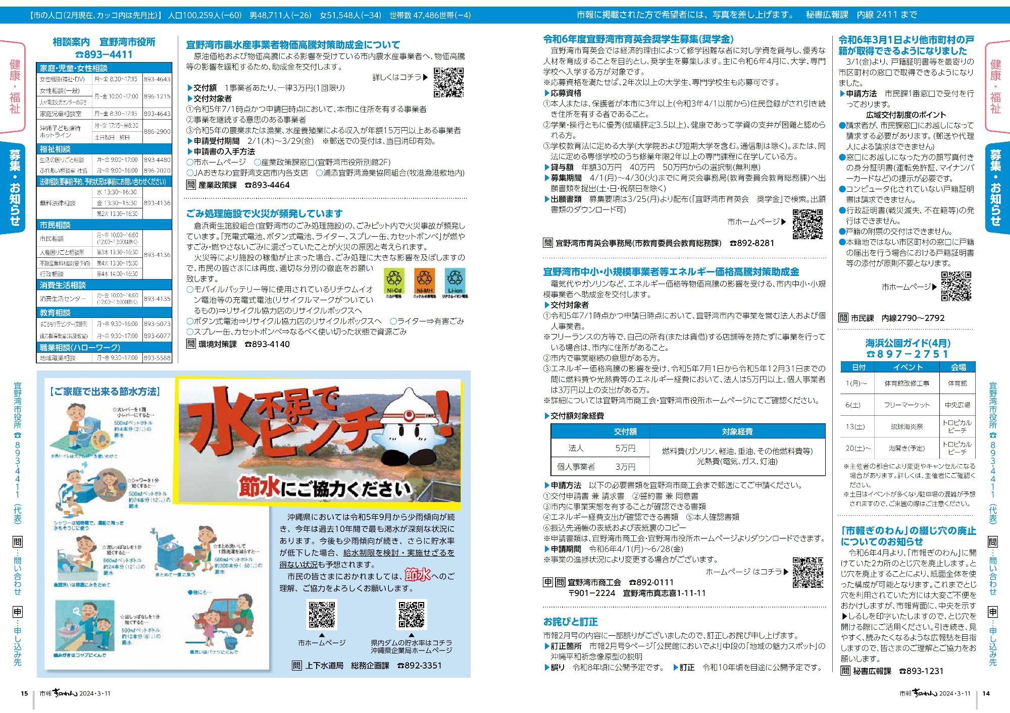 14～15ページ目　・健康福祉だより  ・情報掲示板