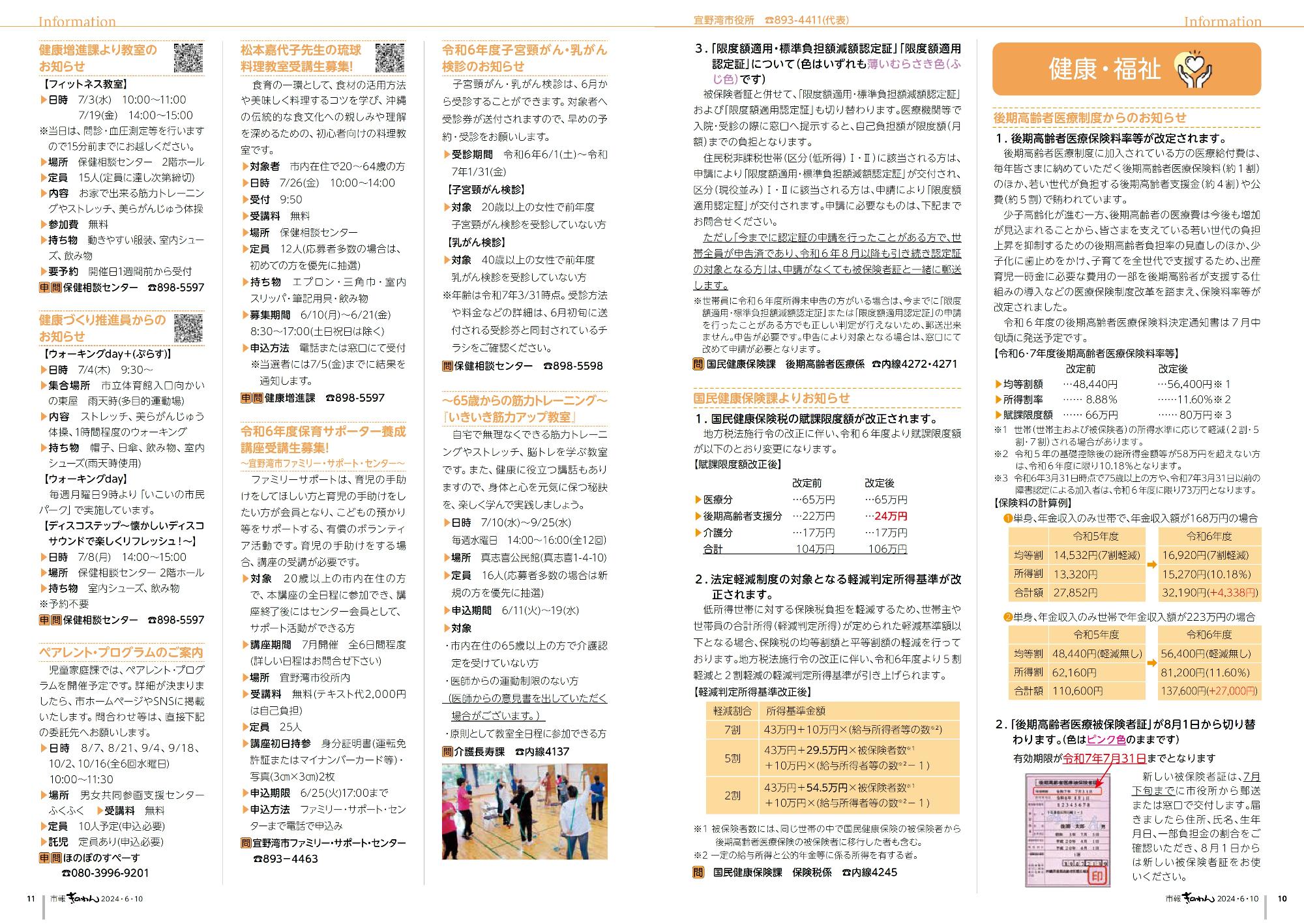 市報ぎのわん6月号　10～11ページ目　・健康福祉だより　・情報掲示板