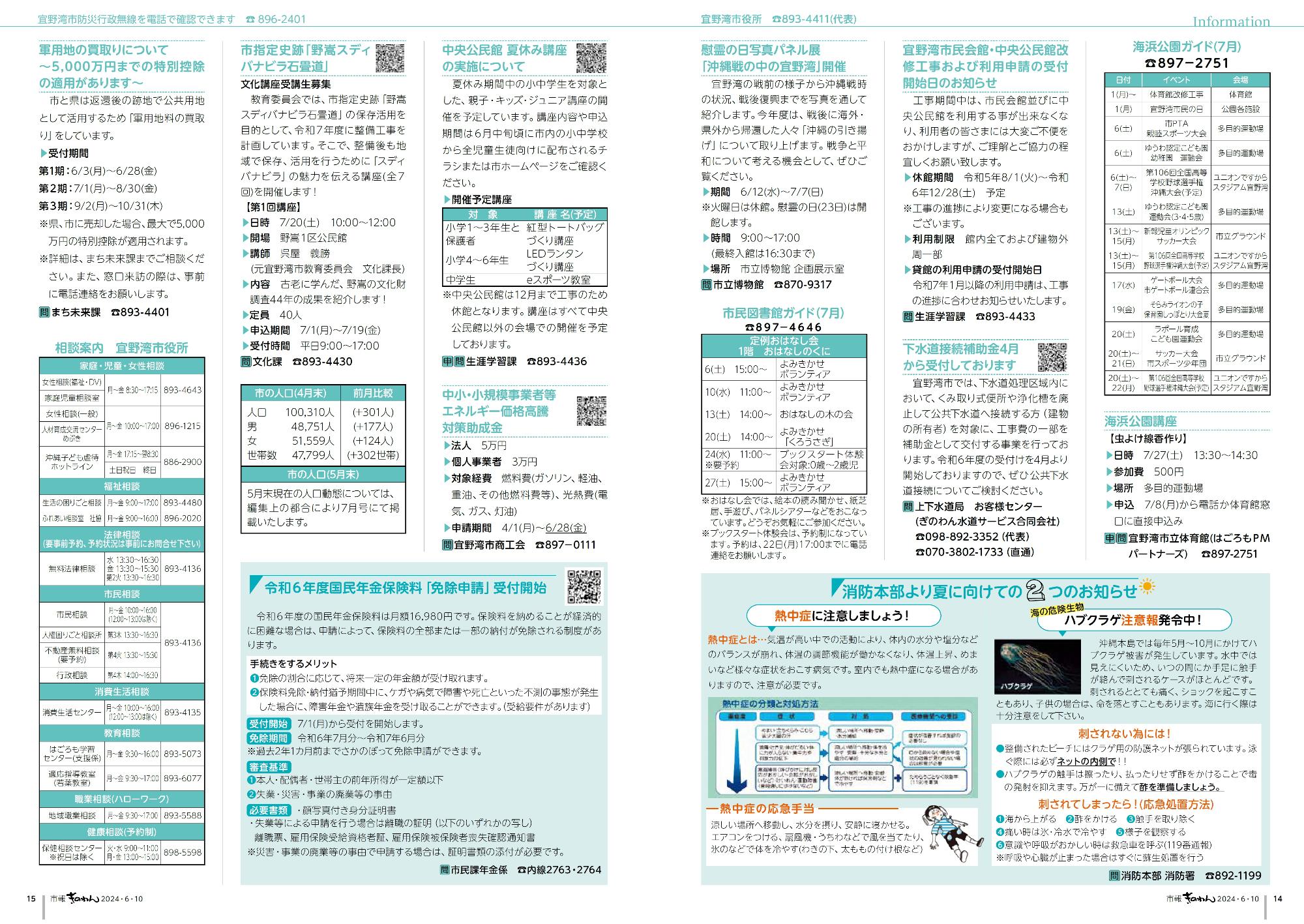 市報ぎのわん6月号　14～15ページ目　・健康福祉だより　・情報掲示板