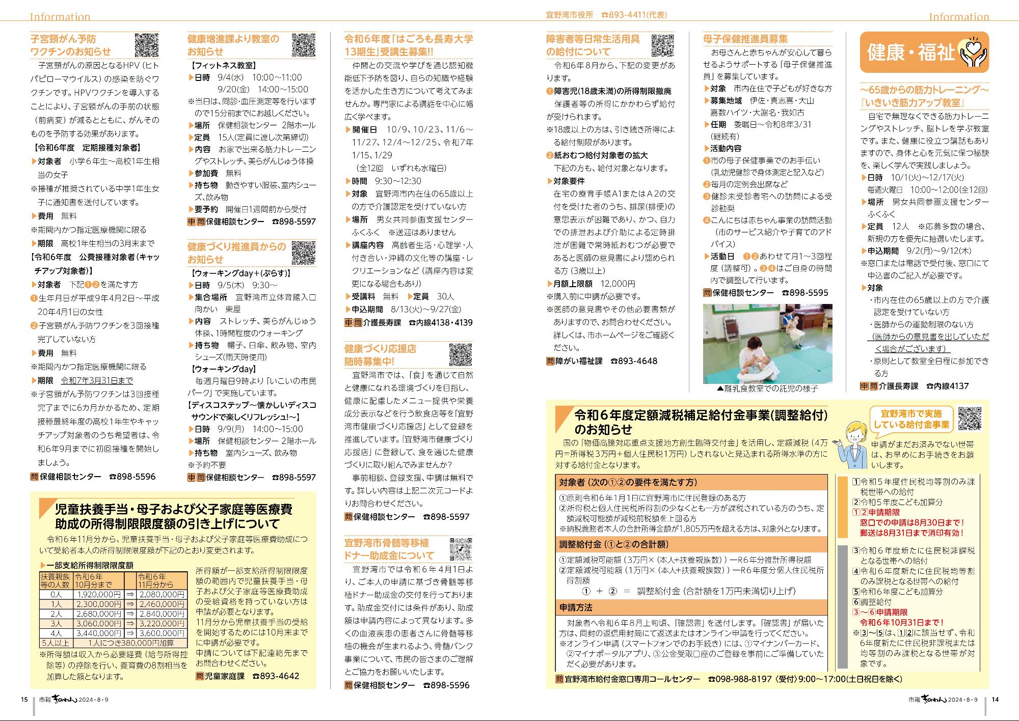 14～15ページ目　・健康福祉だより　・情報掲示板