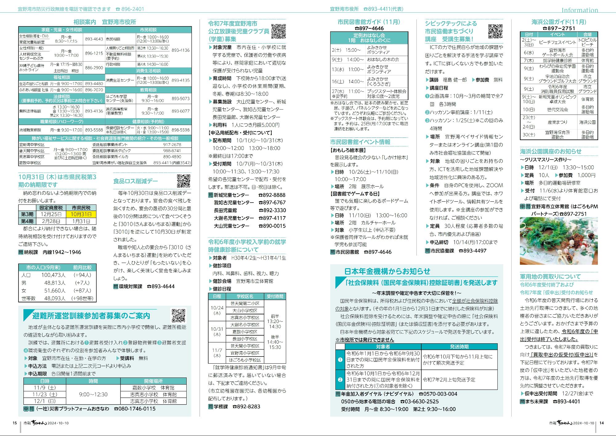 14～15ページ目　・健康福祉だより　・情報掲示板