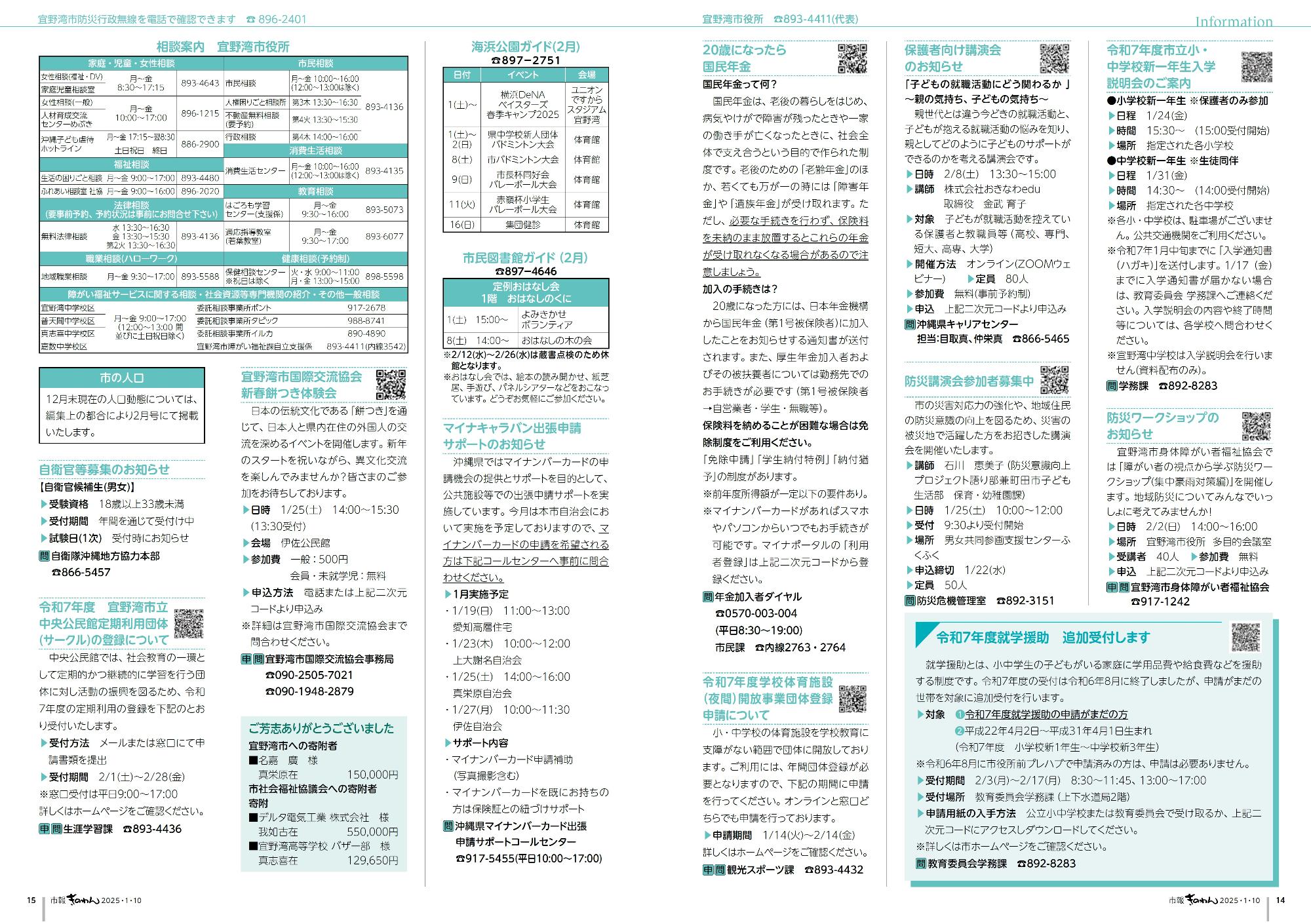 14～15ページめ　・けんこうふくしだより　・じょうほうけいじばん