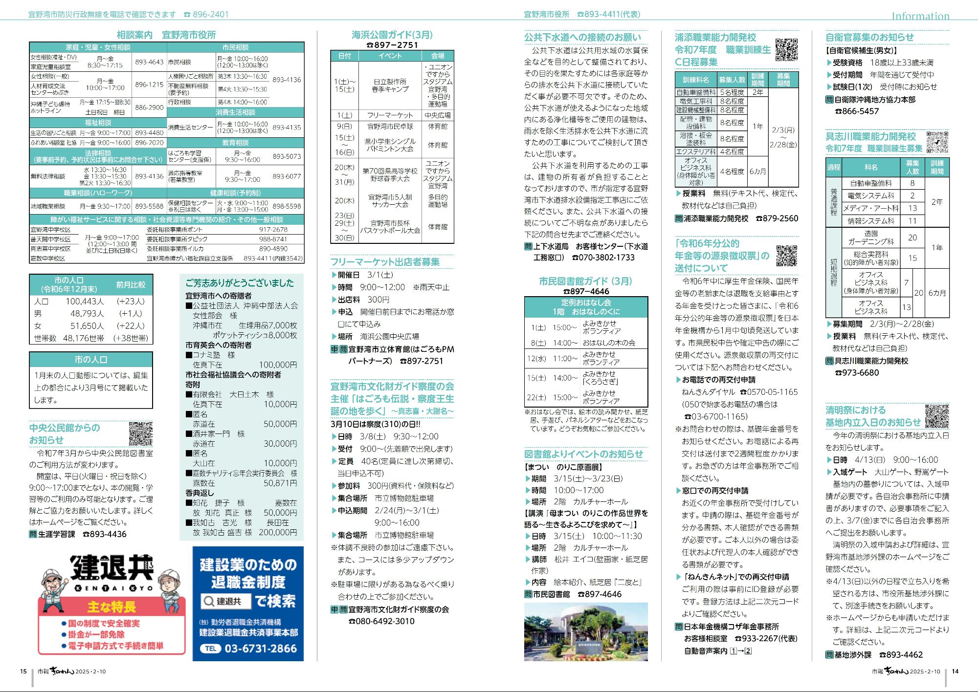 14～15ページめ　・けんこうふくしだより　・じょうほうけいじばん