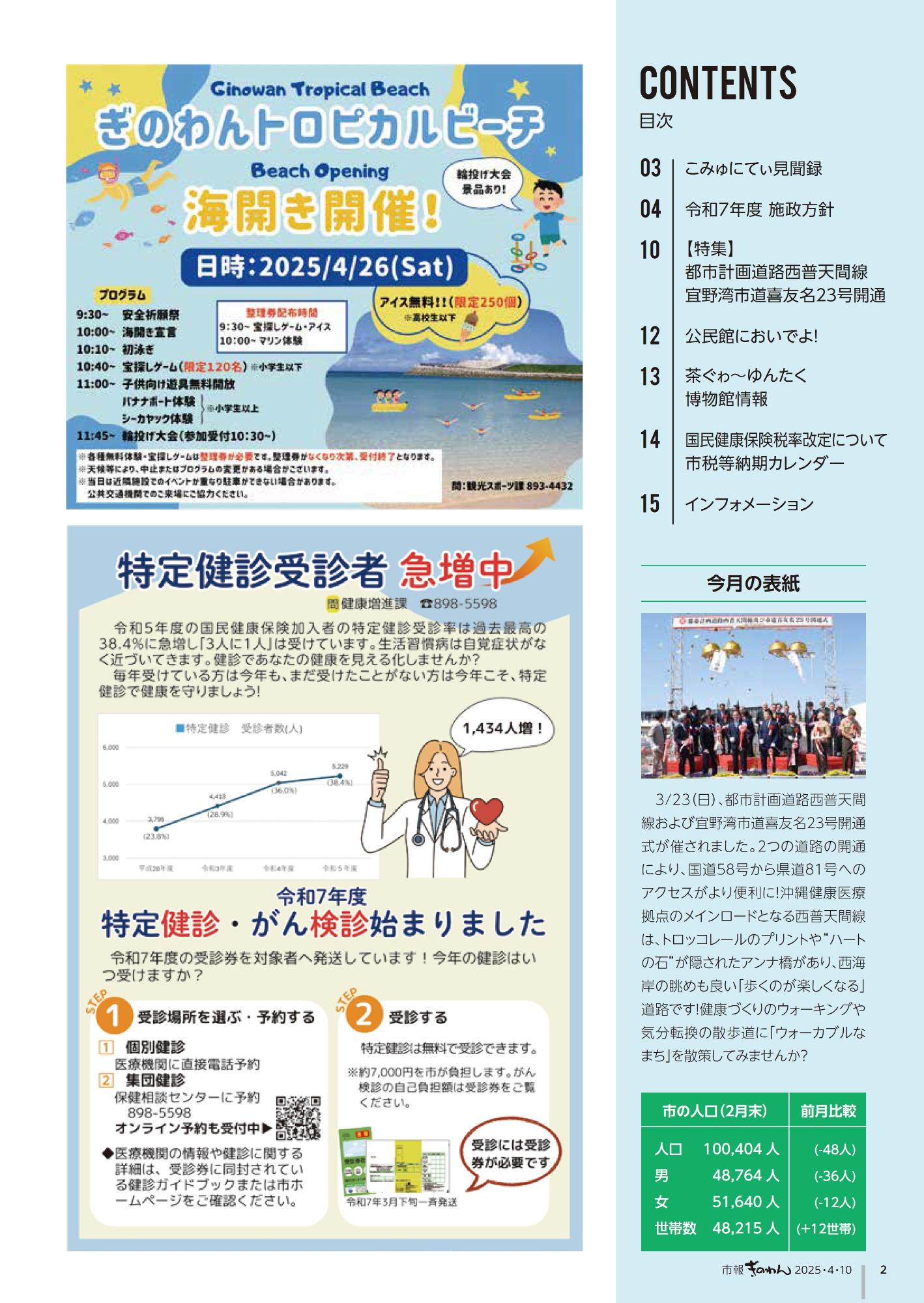 2ページめ　・もくじ　・ぎのわんトロピカルビーチうみびらきかいさい　・とくていけんしんじゅしんしゃきゅうぞうちゅう！