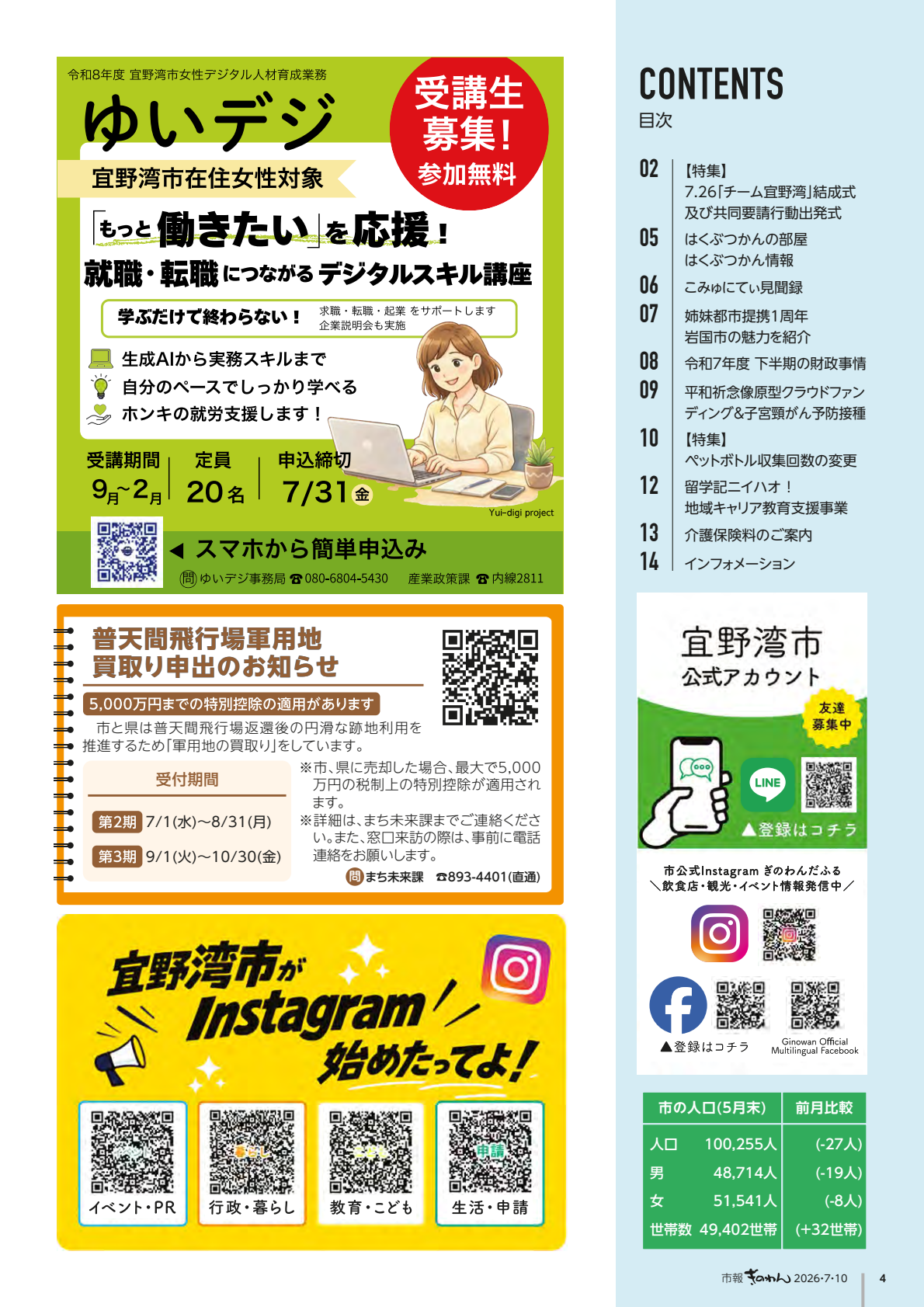 4ページめ　・もくじ　・ゆいでじ「もっとはたらきたい」をおうえん・ふてんまひこうじょうぐんようち　かいとりもうしでのおしらせ　・ぎのわんしが　いんすたぐらむ　はじめたってよ