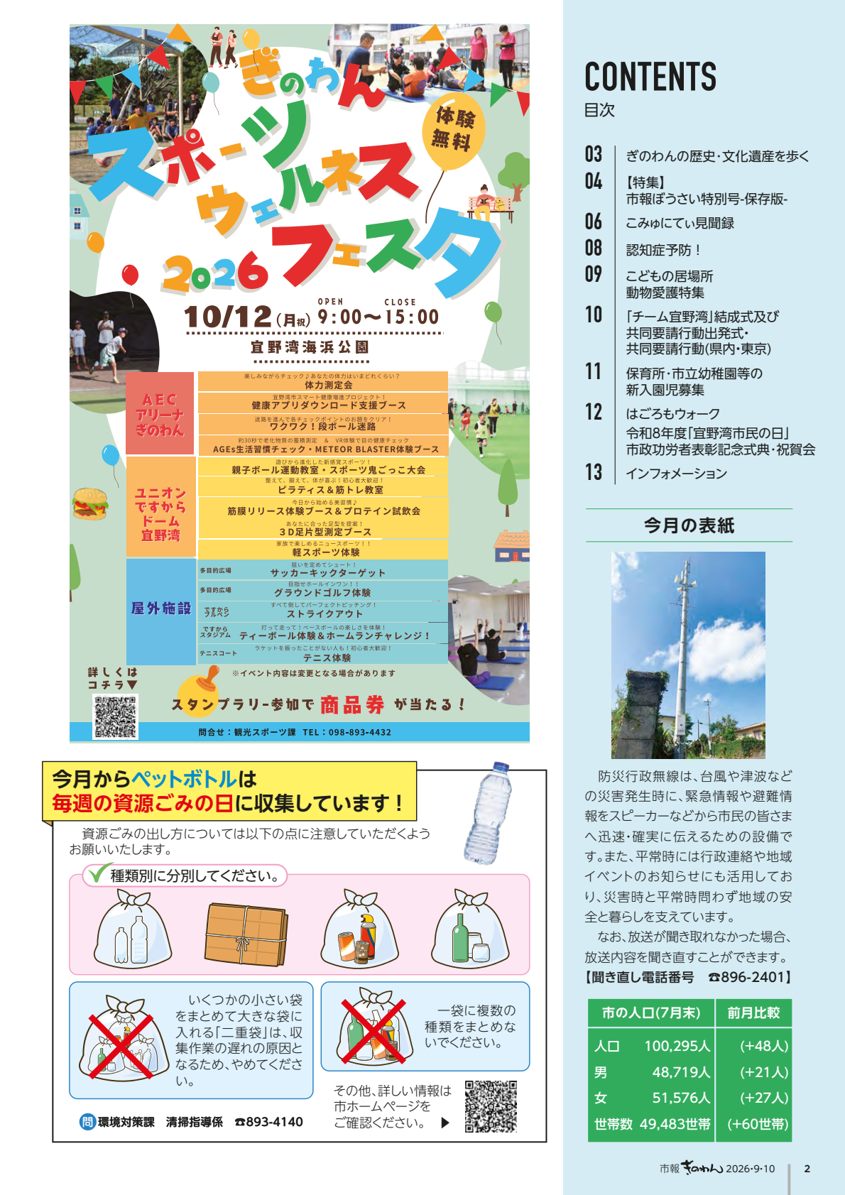 2ページめ　・もくじ　・すぽーつうぇるねすふぇすた　・こんげつからぺっとぼとるは　まいしゅうの　しげんごみのひに　しゅうしゅうしています！