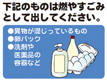 下記のものは燃やすごみとして出してください。異物が混じっているもの、卵パック、洗剤や医薬品の容器など