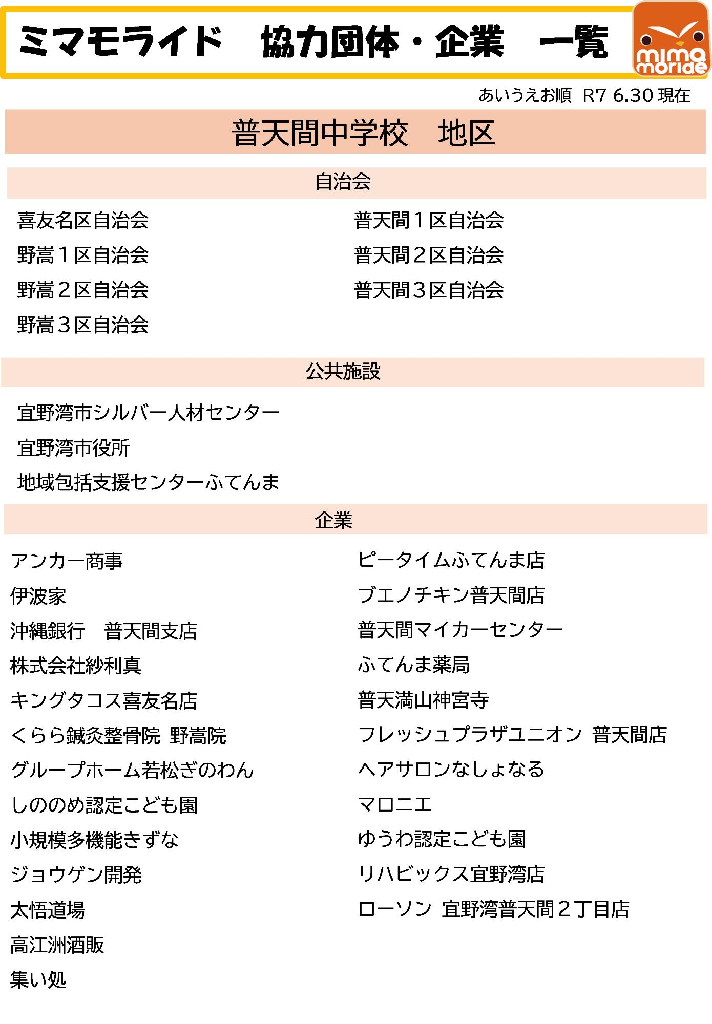 ミマモライド協力団体一覧。普天間中学校地区。