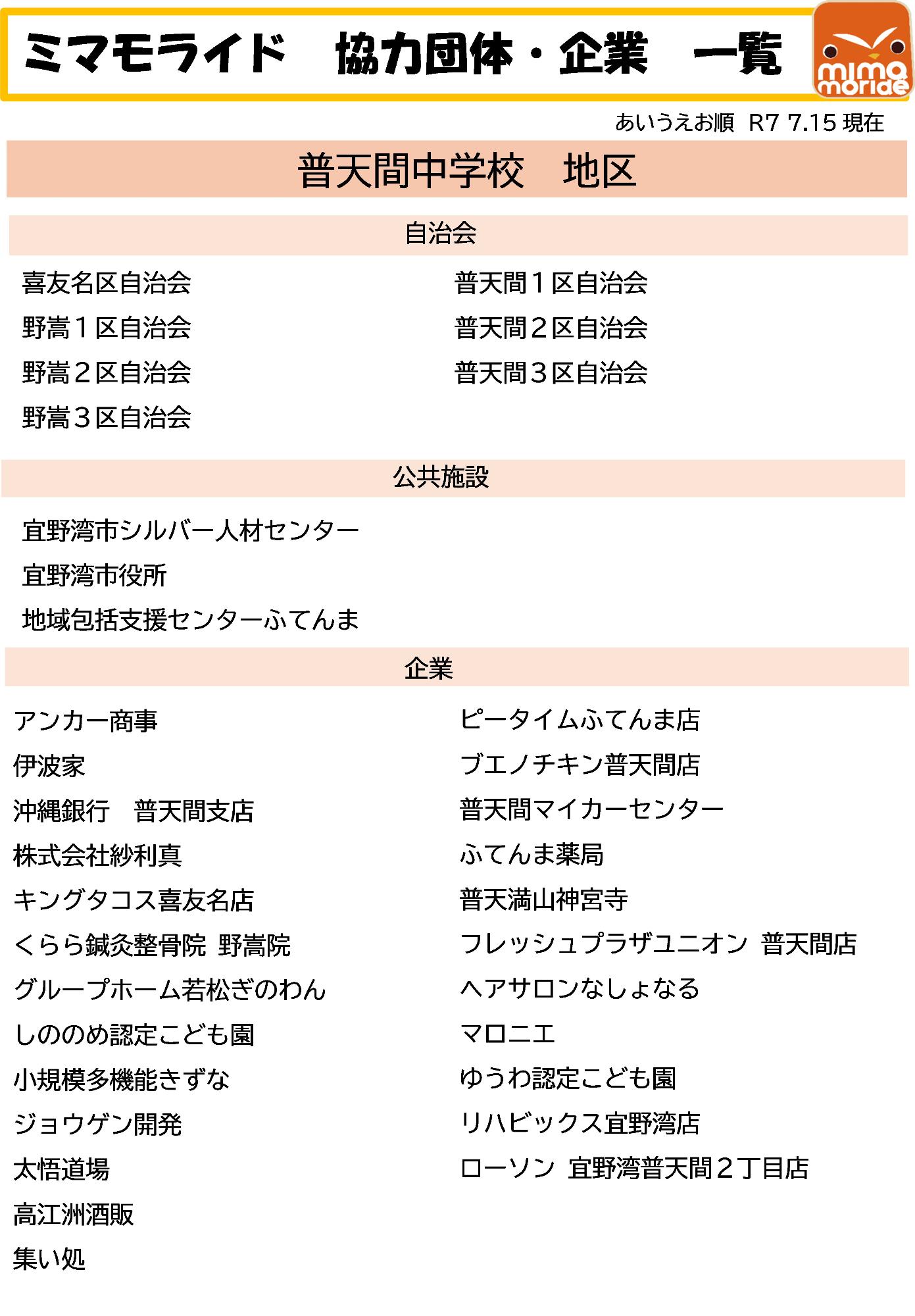 ミマモライド協力団体一覧。普天間中学校地区。