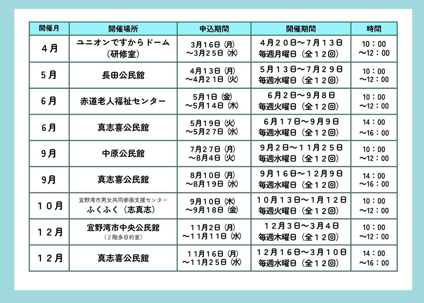 年間9回教室開催があります。内容詳細については介護長寿課へお問合せください。