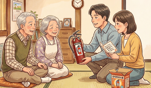 住宅用消火器をプレゼントしているイラスト