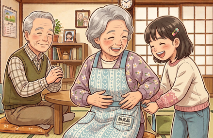 エプロン（防炎品）をプレゼントしているイラスト