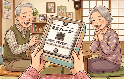 感震ブレーカーをプレゼントしているイラスト