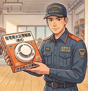 消防士が住宅用火災警報器を持って説明しているイラスト