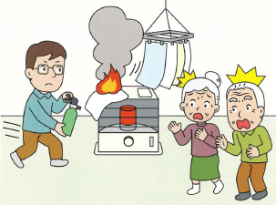 衣類がストーブに落ちて火がでるイラスト