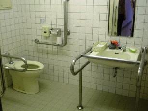 両側に手すりのある身障者用トイレの内部の写真