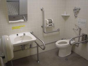 洋式トイレ、洗面所、おむつ替え台が設置された、身障者用トイレの写真