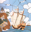 崖の上にある城を望む眼下の海に浮かんでいる大きな白い帆を立てている船のイラスト