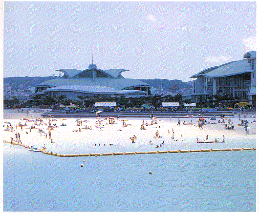 曲線状の屋根のコンベンションセンターの前に白浜が広がり多くの海水浴客が泳いでいる写真
